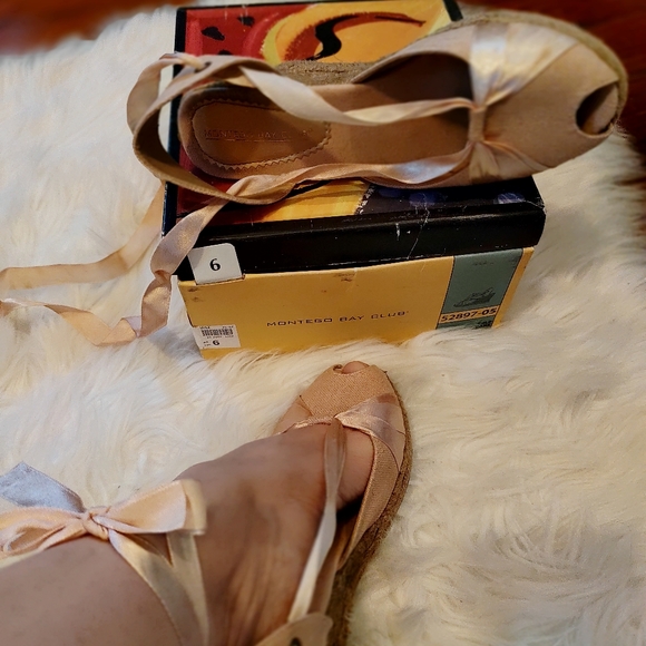 Y2K Peach Golddust Platform Jute Wedges Size 6 - Picture 5 of 9